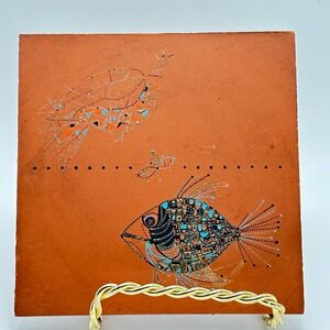 Vintage Spanish Ceramic Tile Abstract Fish Bird Manrique Style MCM Wall Art